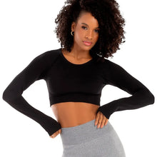 Carregar imagem no visualizador da galeria, Cropped Fitness Sem Costura E Manga-Luva Preto