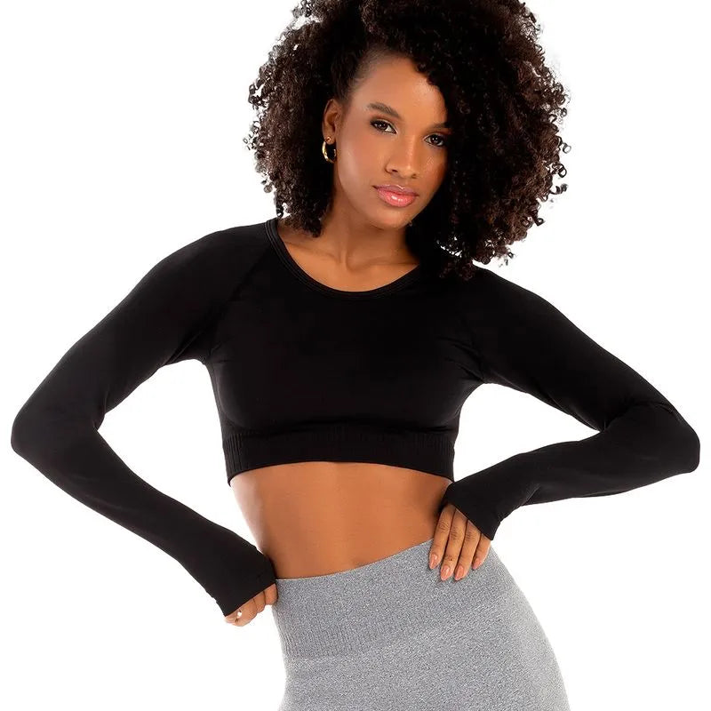 Cropped Fitness Sem Costura E Manga-Luva Preto